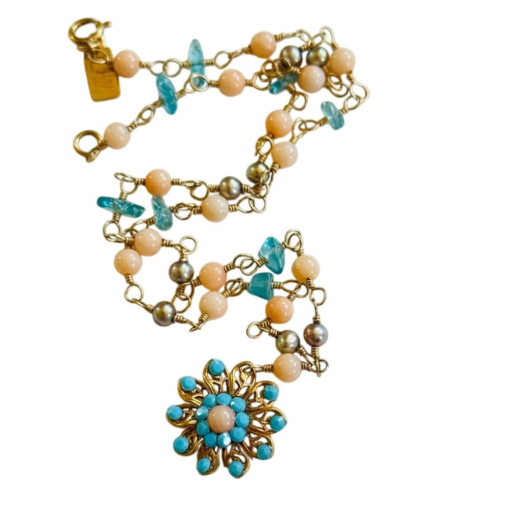 Orly Baruch‎ Gemstone Coral Turquoise Topaz Necklace Genuine Gold Filled floral